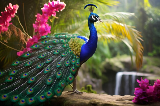 Photo the majestic peacock displays elegance in the beauty of nature