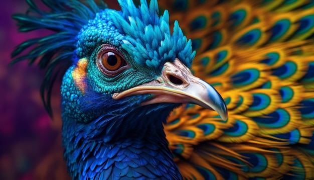 Majestic peacock displays vibrant colors captivating beauty in nature generated by artificial intelligence