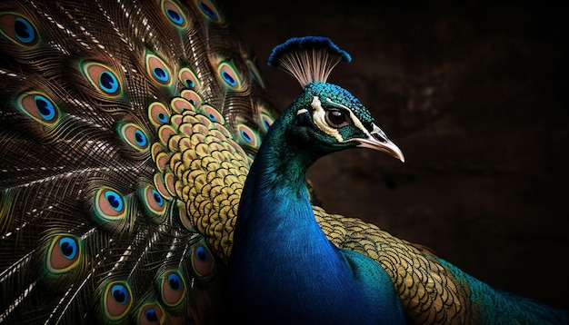 Majestic peacock displays vibrant multi colored feather elegance generated by AI