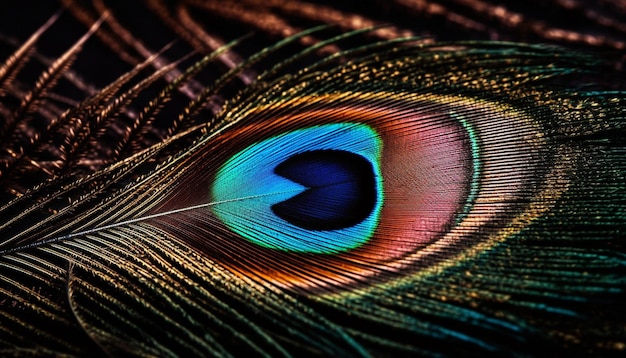 장엄한 공작 깃털은 AI가 생성한 생생한 무지개 빛깔의 색상을 표시합니다.