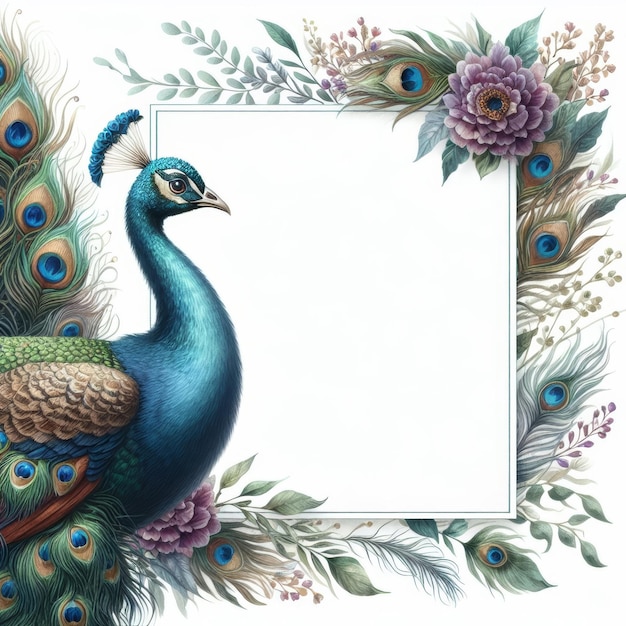 Photo majestic peacock with ornate floral frame