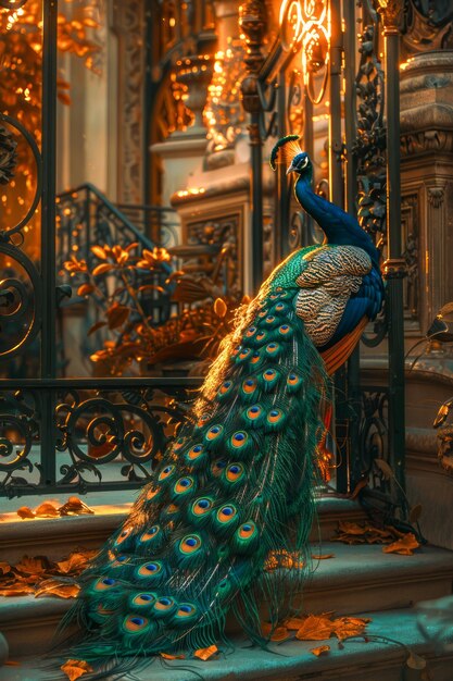 Photo majestic peacock with vibrant plumage in ornate antique palace setting with warm ambient lighting