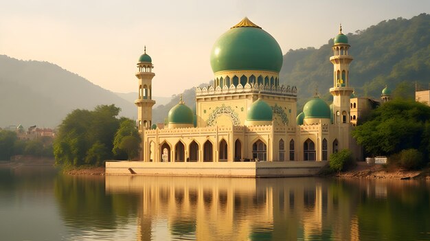 Photo majestic peaks embrace the mosque creating a spiritual haven below