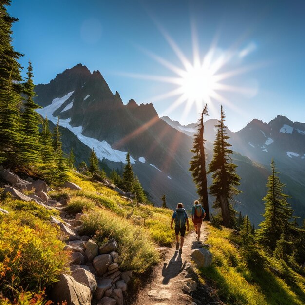 Premium AI Image  Majestic Peaks Where hikers conquer the sky
