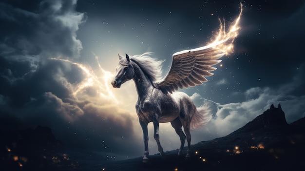 Photo majestic pegasus with glowing wings amidst twilight clouds