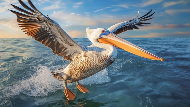 A majestic pelican taking flight over the water