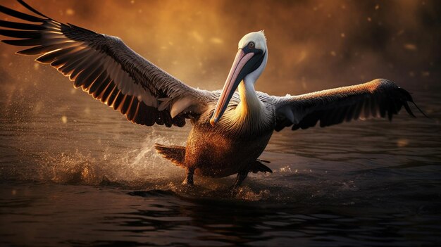 Photo a majestic pelican taking flight over the water