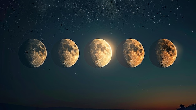 the majestic phases of the moon transition from shadow to a golden glow against the backdrop of a starlit night sky