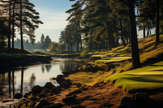 Majestic pines adorn a serene golf course generative IA