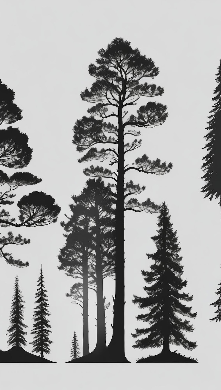Foto majestic pines pine tree panorama illustratie set in zwart-wit