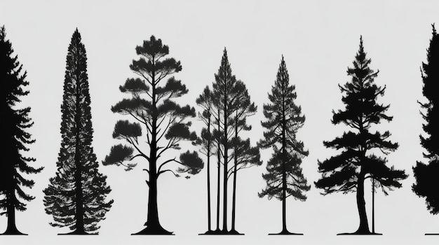 Панорамная иллюстрация сосны Majestic Pines в черно-белом цвете