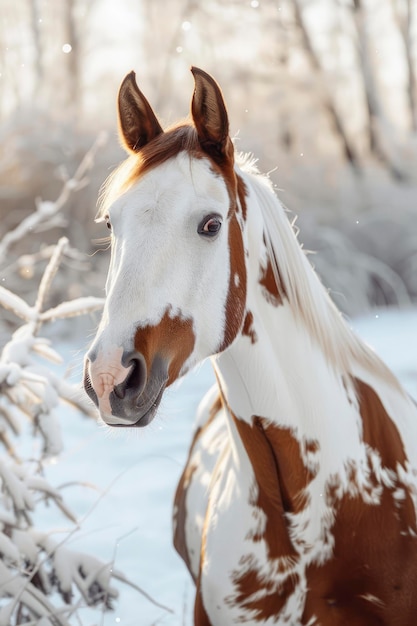 壮大なピントアラビア犬 誇り高く表現力のある馬は 雪に覆われた風景を美しくし 強さと美しさを放射しています