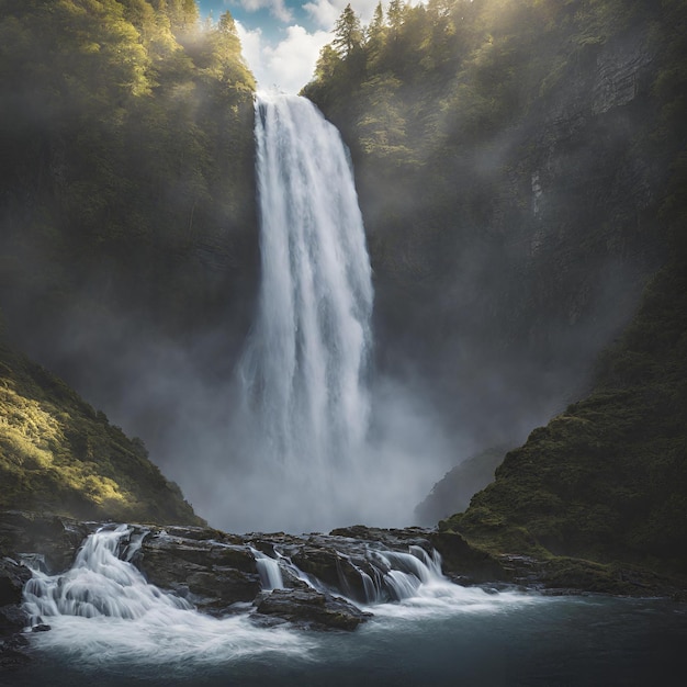 Foto majestic plunge vang de kracht van een machtige waterval.