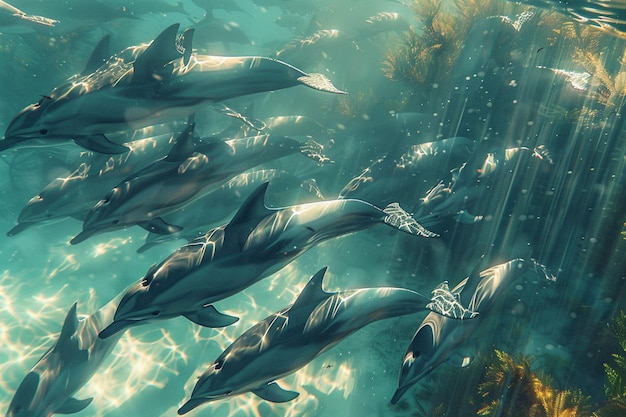 A majestic pod of dolphins swimming in crystalclea