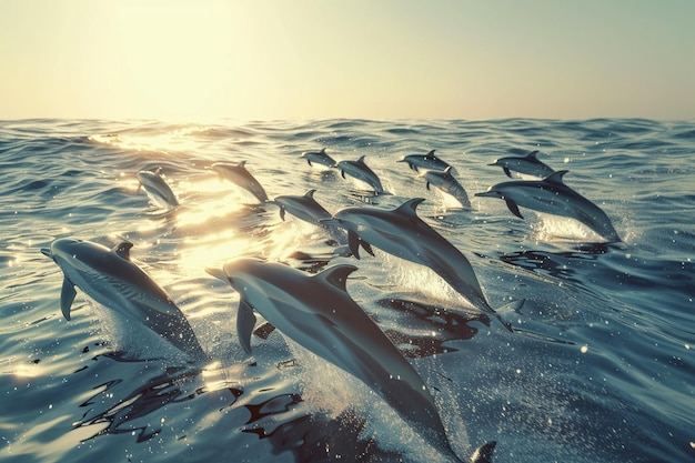 Величественная группа дельфинов плавает в океане.