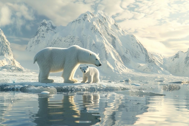 A majestic polar bear mother and cub on an ice flo