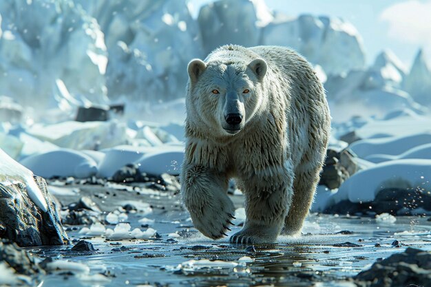 氷の地形を横断する壮大な北極クマ