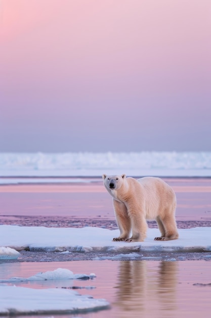 Foto un maestoso orso polare in piedi su una banchina di ghiaccio al crepuscolo