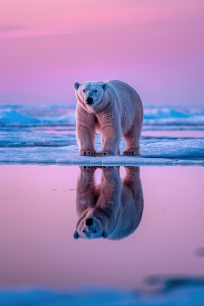 A majestic polar bear stands on an ice floe at dusk