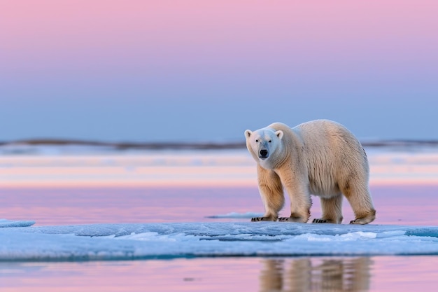 Foto un maestoso orso polare in piedi su una banchina di ghiaccio al crepuscolo