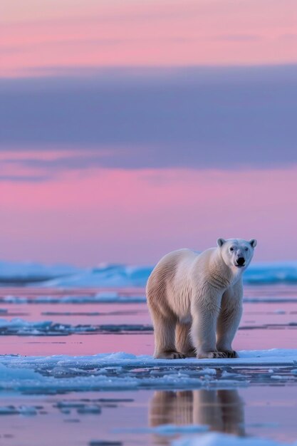 A majestic polar bear stands on an ice floe at dusk