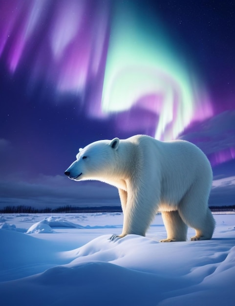 A majestic polar bear stands in the middle of a snowstorm illuminated by the shimmering aurora