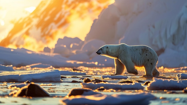 A majestic polar bear walking trough ice sheats and rocks for hunting