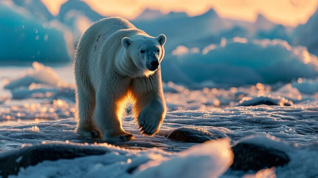 A majestic polar bear walking trough ice sheats and rocks for hunting