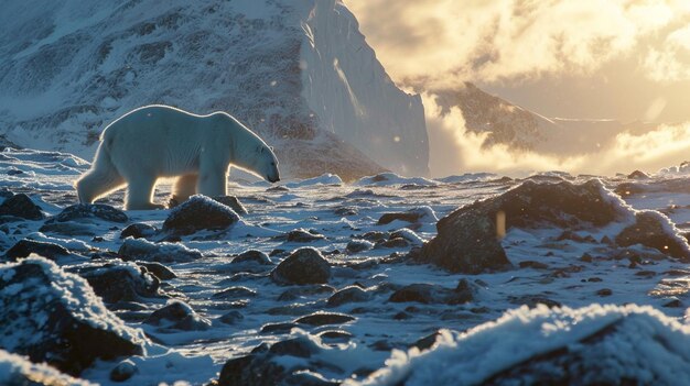  ⁇ 厳な北極熊が ⁇ 狩りのために氷床や岩を歩いています ⁇ 