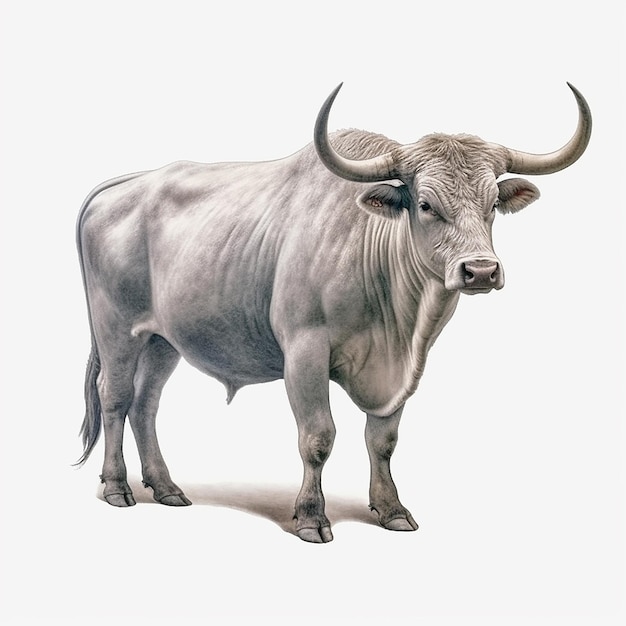 Величественная сила полного тела быка на белом фоне