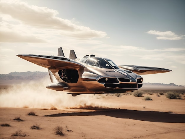 A majestic powerful flying car soaring majestically over a desert landscape