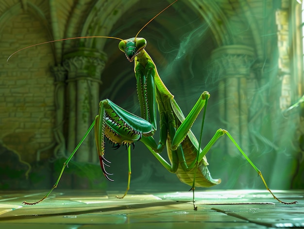 Photo majestic praying mantis in mystical forest sunlight fantasy wildlife artwork with gothic