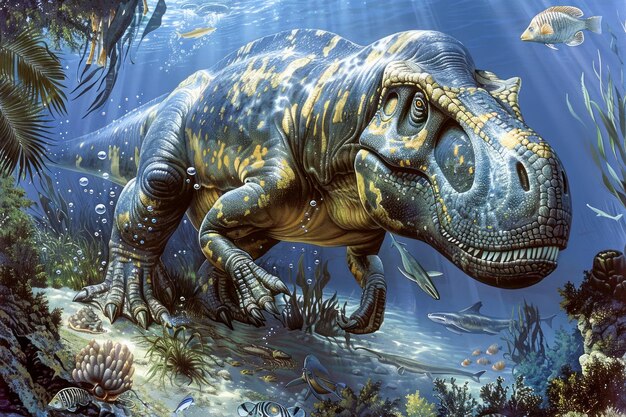 사진 웅장 한 선사시대 티라노사우루스 렉스 (tyrannosaurus rex) 가 푸른 백악기 숲 을 돌아다니며 생생 한 수중 생활 을 하고 있다