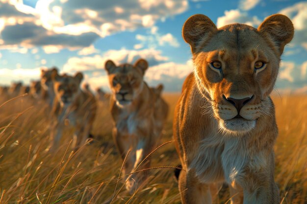 アフリカのサバンナで雄大なライオンの群れ