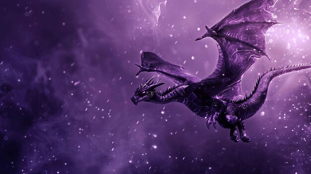 Photo a majestic purple dragon soars through a starry night sky the dragons wings are outstretched and its tail trails behind it