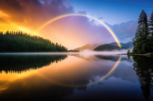 Photo majestic rainbow over serene lake at sunset