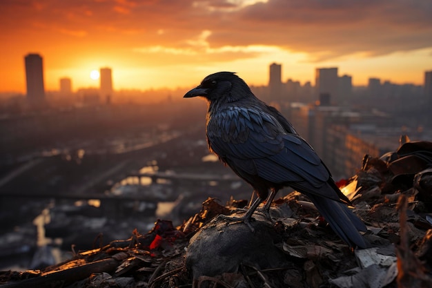 Photo majestic raven overlooking urban sunset skyline