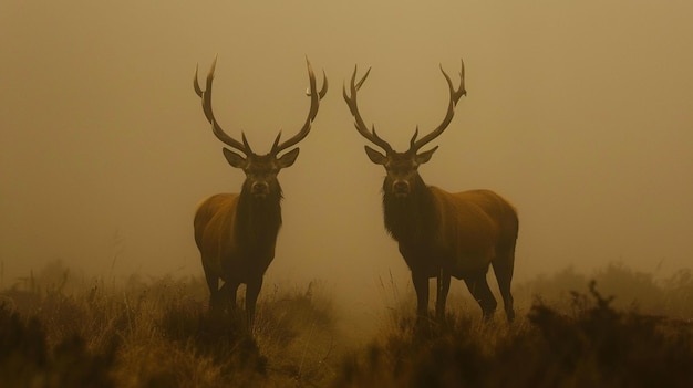 Величественный красный олень Cervus elaphus в утреннем тумане