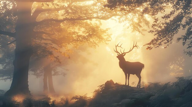 Photo majestic red deer stag standing in the middle of a misty forest at sunrise the deer is silhouetted against the bright golden sunlight