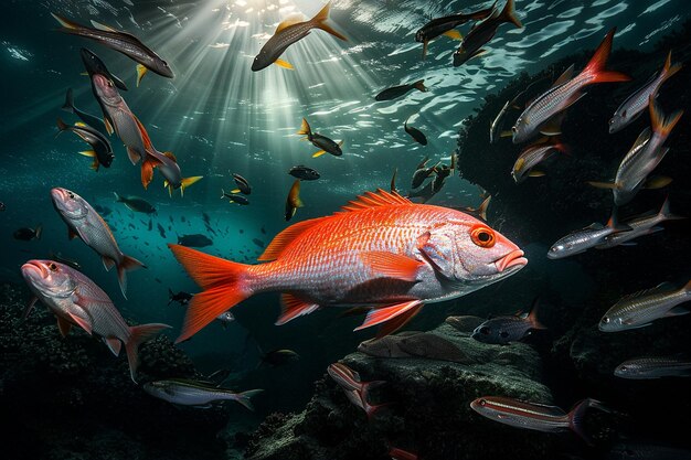 Majestic red fish swimming alongside other marine life