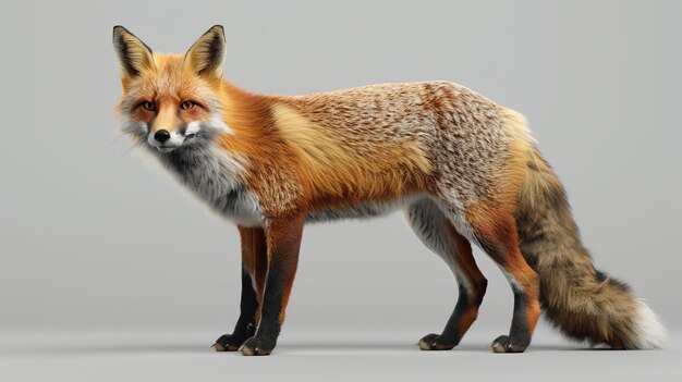 A majestic red fox stands tall its vibrant orange fur contrasting against a neutral background