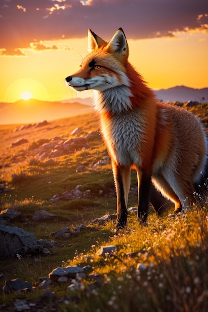 A majestic red fox with a long slender nose standing atop a grassy hill illuminated