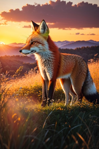 A majestic red fox with a long slender nose standing atop a grassy hill illuminated