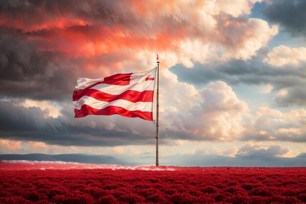 雲 の 空 に 掲げ られ て いる 壮大な 赤と 白 の 旗