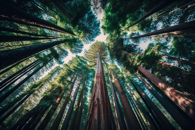Majestic redwood trees towering above the bamboo forest