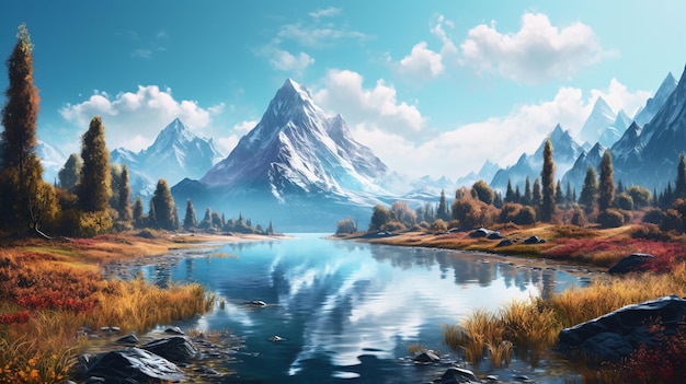 Majestic Reflections A Serene Mountain Lake with a Towering Peak in the Distance Generativeai