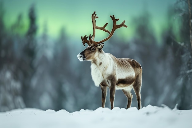 Majestic Reindeer Under the Northern Lights in a Snowy Arctic Landscape at Twilight