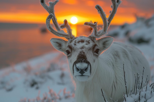 Majestic Reindeer Under the Northern Lights in a Snowy Arctic Landscape at Twilight