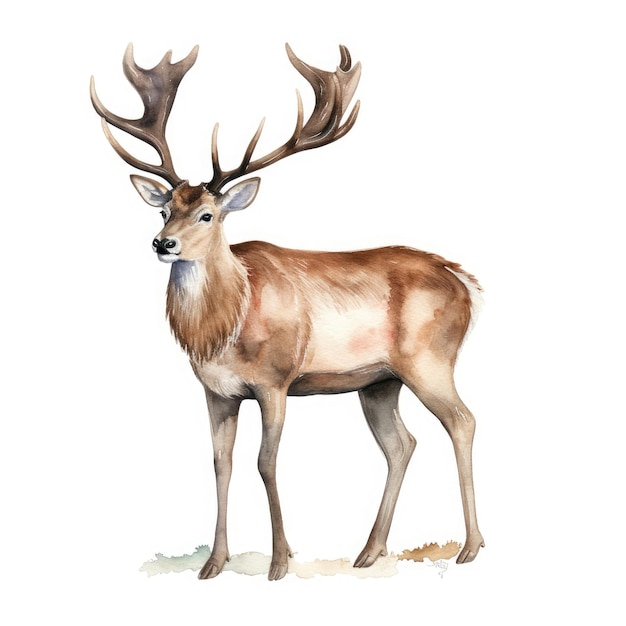 Majestic Reindeer in Watercolor A Full Body Painting with a Stunning White Background Perfect for