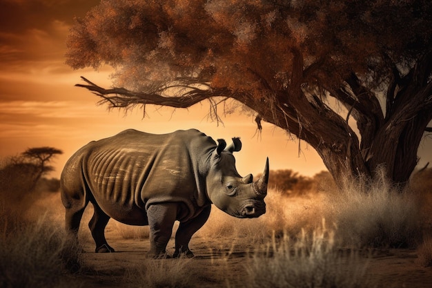 Majestic rhino emerges on the savannah at sunset PowerfulNature generative IA